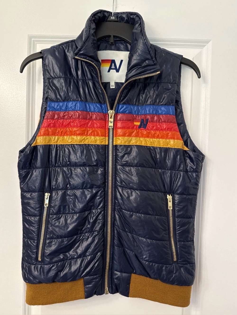 Aviator Nation Glassy Navy Quilted Puffer Vest with Multi-Color Stripe XS